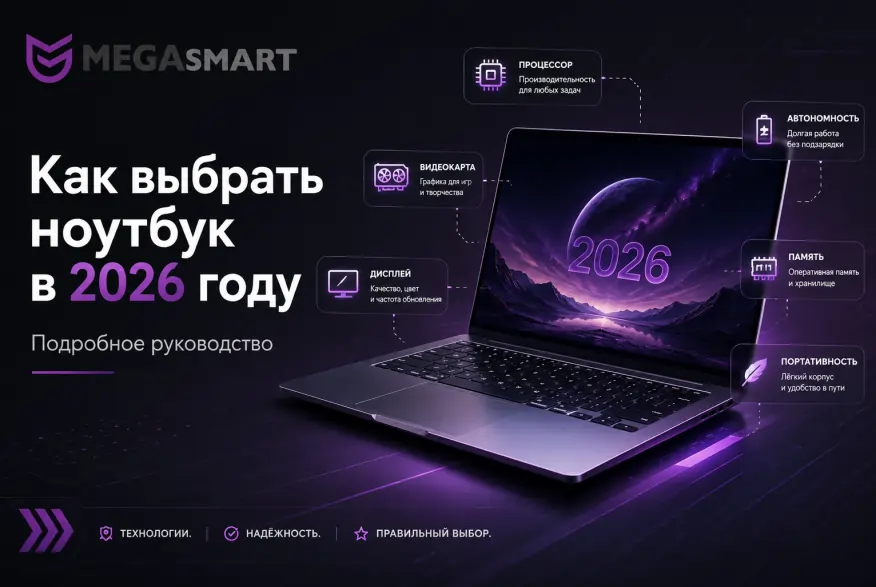 Как выбрать ноутбук в 2026 году: процессор, видеокарта, память и экран | MEGAsmart Как выбрать ноутбук в 2026 году: процессор, видеокарта, память и экран | MEGAsmart